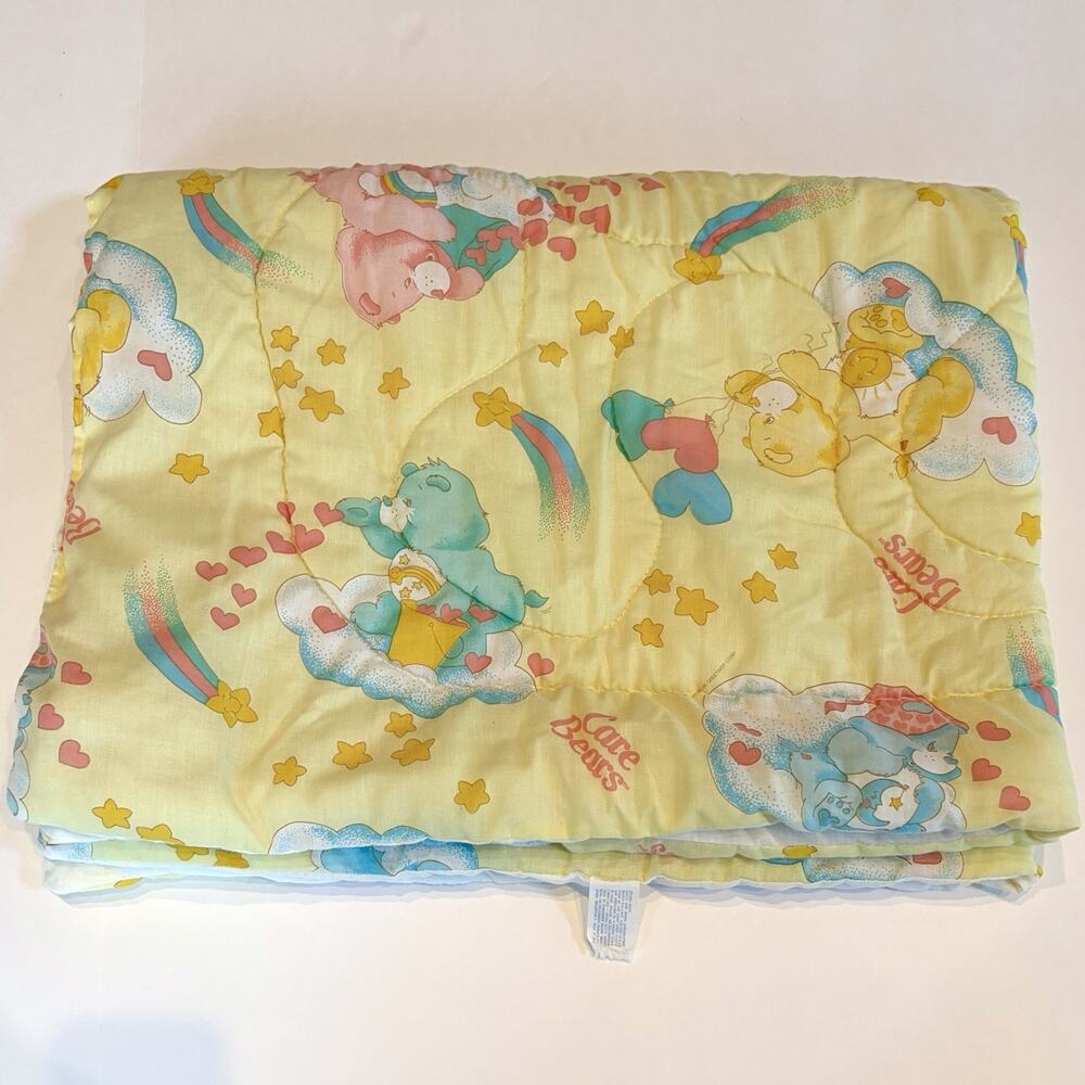 Vtg 1983 Care Bears Baby Quilted Crib Blanket Comforter Curity Pastel Yellow